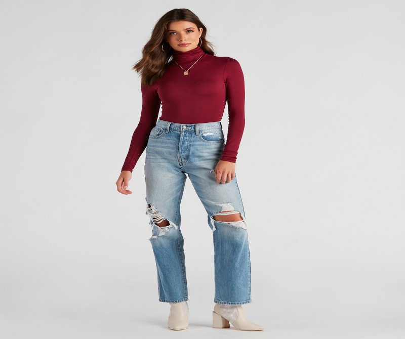 TableClothsUs Basic Long Sleeve Crepe Turtleneck Bodysuit