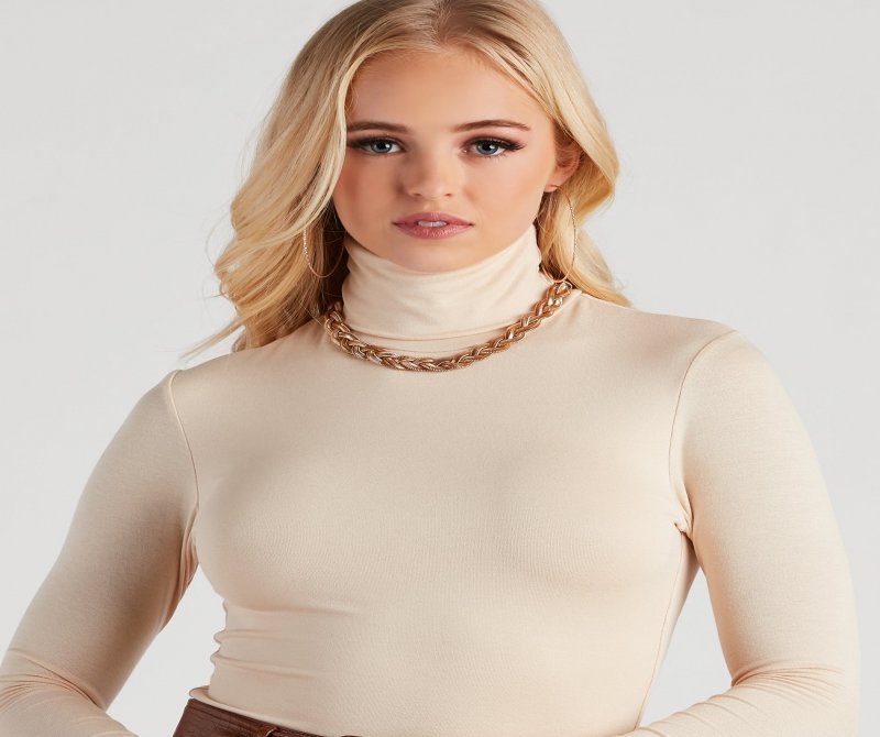 TableClothsUs Basic Long Sleeve Crepe Turtleneck Bodysuit